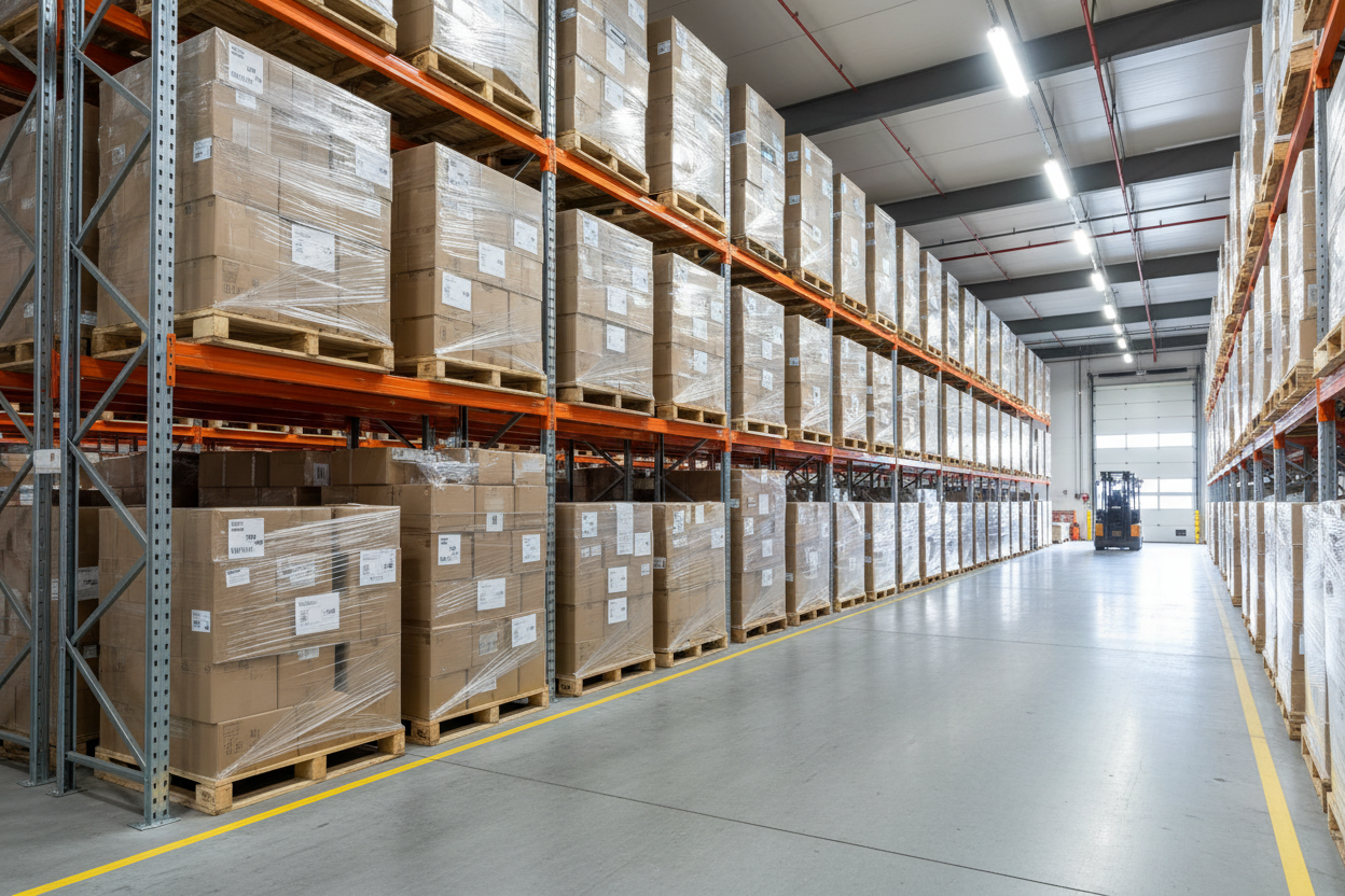 inside of a warehouse showing pallets